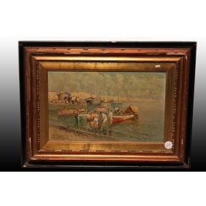 Italian Oil On Board From The Late 19th Century Depicting A Harbor With Boats And Fishermen