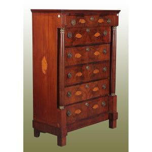 Empire Chest Of Drawers With Six Drawers, In Mahogany Feather With Dutch Inlays 