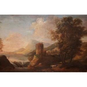 Italian Oil On Canvas From 1700 Representing A Landscape With Figures, A Waterfall And A View 