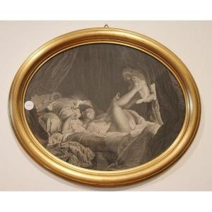 Antique French Engraving From The Late 1800s Depicting A Half-naked Young Woman Playing On 