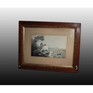  Antique French Painting On China From The Late 1800s. Maritime View