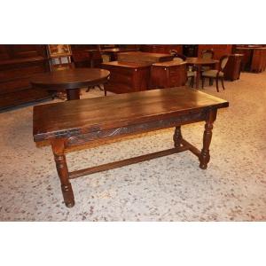 Grande Table Rustique Du Début Du XIXe Siècle, Extensible, Embellie De Motifs Sculptés