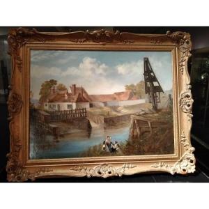 Oil On Canvas English Painting Depicting A Riverside Landscape With Houses. On The Riverbank