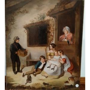 Huile Sur Toile Représentant Une Scène Familiale En Plein Air De La Fin Du XIXe Siècle Anglaise