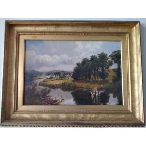 Oil On Canvas Depicting A Riverside Landscape With Characters And Grazing Animals