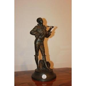 Small French Bronze Sculpture From The Second Half Of The 1800s Depicting Pierrot With A Guitar