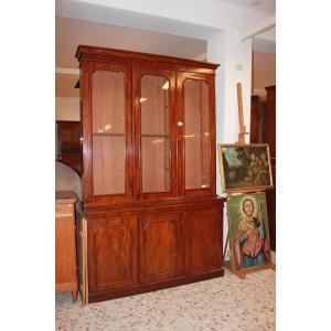 Large English Bookcase From The Mid-1800s, Victorian Style, In Mahogany And Mahogany Feather