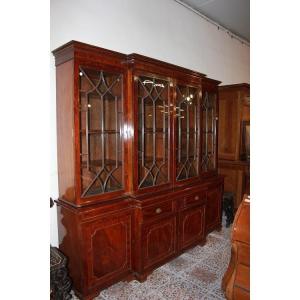 Large English Bookcase With 4 Doors From The Mid-1800s, Regency Style, In Mahogany Wood 