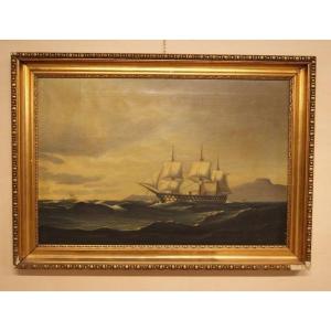 Oil On Canvas Depicting A Sailing Ship In The Foreground Navigating In Open Sea