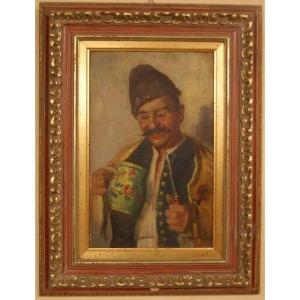 Huile Sur Toile Représentant Le Portrait Homme Avec Moustache Et Une Pipe Par Andor G. Horvath 