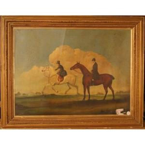 Oil On Canvas From Late 1800s Depicting Two Jockeys On Horseback. Contemporary Frame