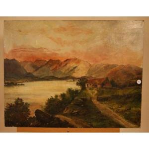 Huile Sur Toile Du XIXe Siècle Représentant Un Paysage Champêtre Avec Un Lac Et Des Montagnes