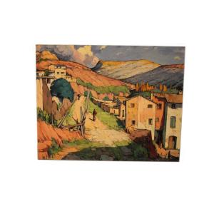 Oil On Canvas Spanish Painting From The Mid-20th Century Depicting An Urban View Of The Landsca