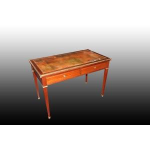  French Desk From The Late 1800s, Louis XVI Style, In Mahogany Wood. It Features 2 Drawers