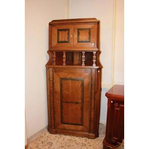  Large Italian Corner Cupboard From The Second Half Of The 1800s, Made Of Oak Wood With 3 Doors