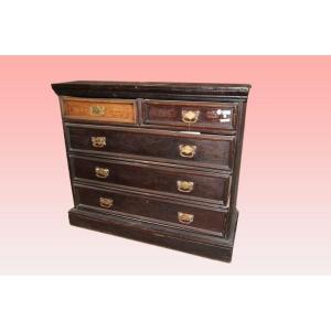 Five-drawer English Chest Of Drawers From The 1700s In Queen Anne Style, Lacquered Wood