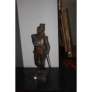 French Bronze Sculpture From The Mid-1800s Depicting A Napoleonic Cavalry Officer Soldier