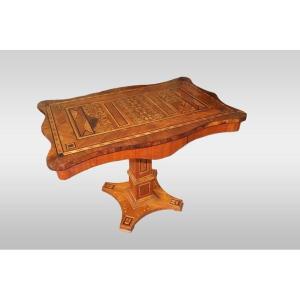 French Mid-1800s Beveled-edge Table, Eclectic Style, In Richly Inlaid Cherry Wood