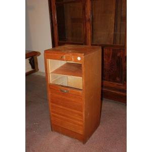 Small French Office Cabinet From The Early 1900s In Oak Wood. It Features A Tambour