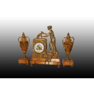 Beautiful Set Of Clock And Vases In Yellow Siena Marble Empire 1800