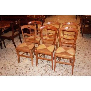  Group Of 6 French Chairs From The Late 1800s, Rustic Style, Made Of Walnut Wood With Rush Seat