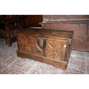 French Chest From The Early 1800s, Rustic Style, Intricately Carved Walnut Wood