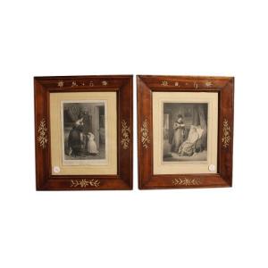 Pair Of Late 1800s French Engravings Depicting Characters And Interior Scenes