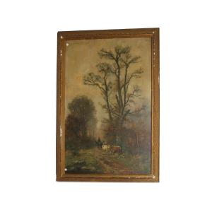 Large French Oil On Canvas From The 1800s Depicting A Forest Scene With Characters