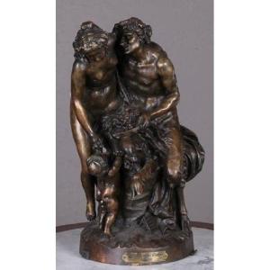 Statue Signée Clodion (1738-1814) Scène De Passion Furieuse Entre l'Amour Et Le Faune