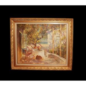 French Oil On Canvas Depicting Landscape Villa By The Seaside