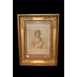 Small French Print Portrait Of Lady From The 1800s With Beautiful Gilded Frame