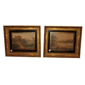 Pair Of 19th Century Color Engraving With Gilded Frames And Painted Glass