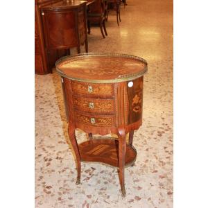 Richly Inlaid French Oval Side Table With Drawers From The 1800s