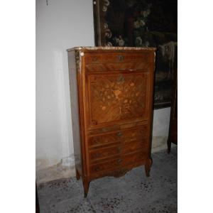 French Secretary Desk Chest In Bois De Rose Wood Transition Style With Marble And Bronzes, 19th