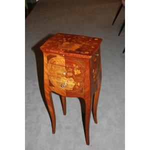 19th Century French Bedside Table Richly Inlaid With Bois De Rose Wood In Louis XV Style