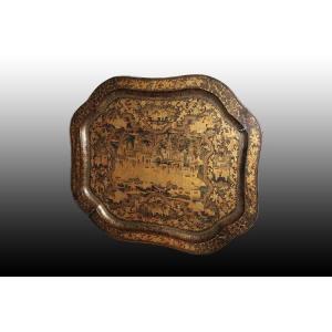 Beautiful French Tray From The Mid-1800s, In An Oriental Style, Made Of Wood