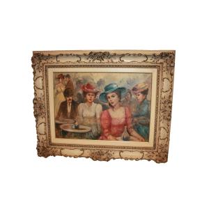 Huile Sur Toile Italienne "intérieur De Café" Par Luigi Di Rocco (1940–2013)