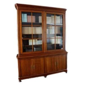 Double Body Bookcase In Walnut Stained Wood. 2 Glass Doors In The Upper Part And 4 Wooden Doors