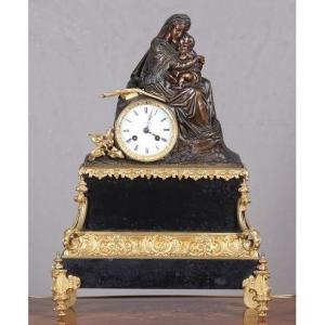French Clock From The Mid-1800s, In Bronze And Black Marble, Representing Motherhood. Origin: F