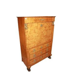 French Empire Secretaire – 19th Century – Birch Wood With Gilt Bronze Caryatids