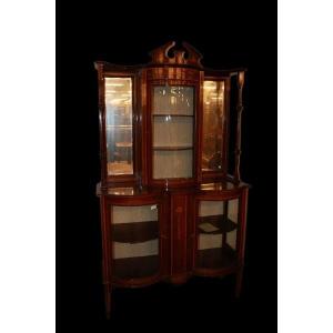 Vitrine Anglaise Du XIXe Siècle De Style Victorien En Bois d'Acajou Avec Incrustations