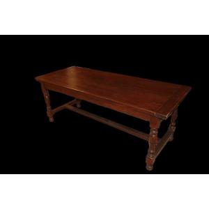 Large Rectangular Rustic Table From The Early 1800s In 17th-century Style, Made Of Chestnut Woo