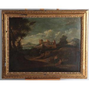 Huile Sur Toile Italienne De 1700 Représentant Un Paysage  Avec Château Et Personnages