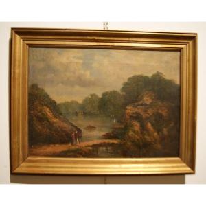 English Oil On Canvas From The Mid-1800s Depicting A Rural Landscape With Figures And A Stream.