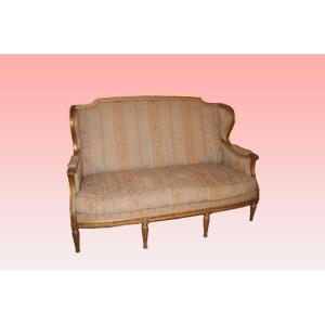French Sofa From The Second Half Of The 1800s, Louis XVI Style, In Wood Gilded With Gold Leaf. 