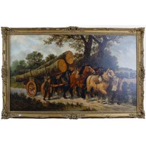 Grande Peinture à l'Huile Sur Toile Des Années 1800 Représentant Un Char Tiré Par Des Chevaux