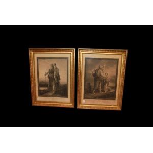 Pair De Grandes Gravures Françaises Représentant Les Personnages d'Homère Et De Bélisaire