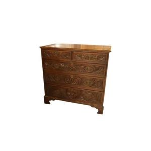 Richly Carved English Chest Of Drawers, From The First Half Of The 1800s In Tudor Style