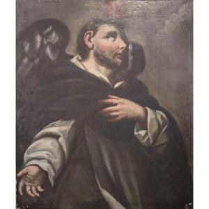 Huile Sur Toile Italienne De 1600 Représentant San Vincenzo  Et La Flamme Du Saint Esprit