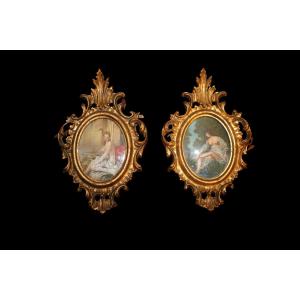 Pair Of Small Paintings In Gilded Frames - 20th Century